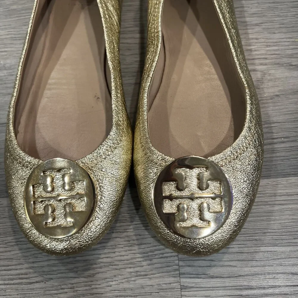 Tory Burch Gold Leather Logo Ballet Flats Womens US 9 M Round Toe Slip On